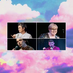 Headshots of Chris Ryan, Laura Campbell, Felix mcCarthy and Jeffrey Charles against a pink and purple cloud background.